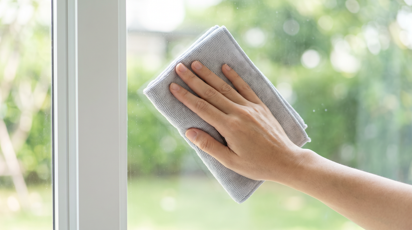 Fensterscheibe von innen mit einem Mikrofasertuch reinigen
