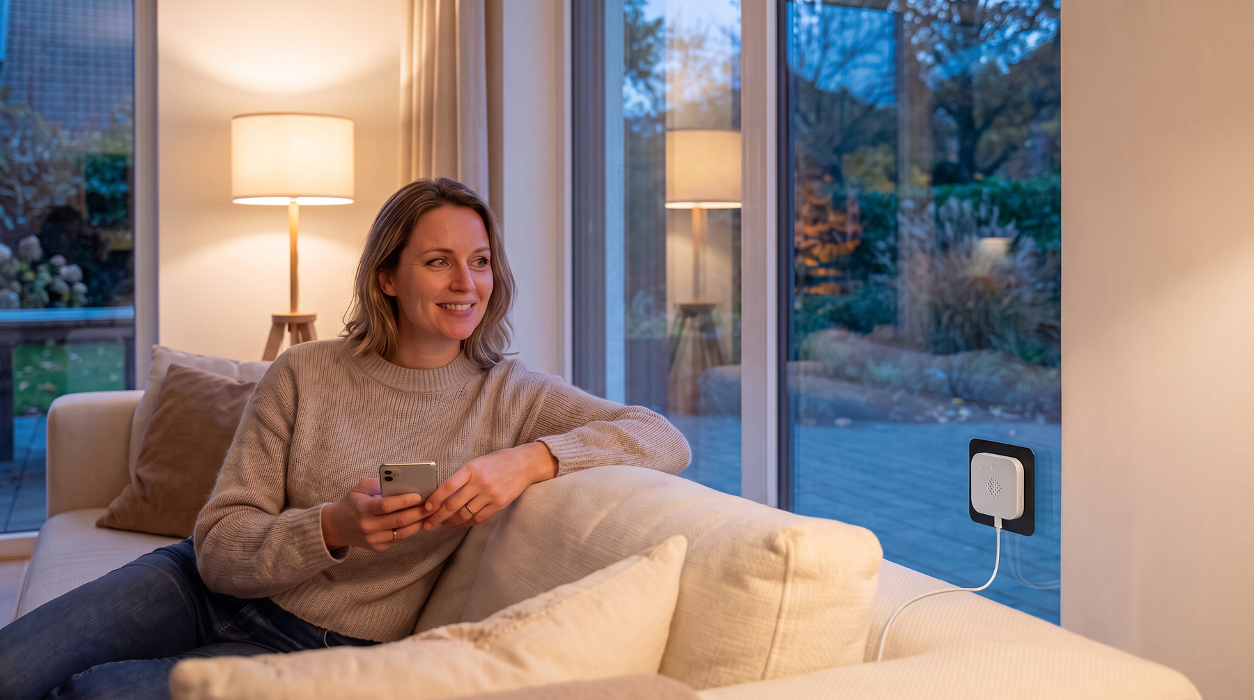 Eine Frau sitzt entspannt auf dem Sofa und schaut auf ihr Smartphone, mit einer kleinen, bereits montierten Kamera am Fenster