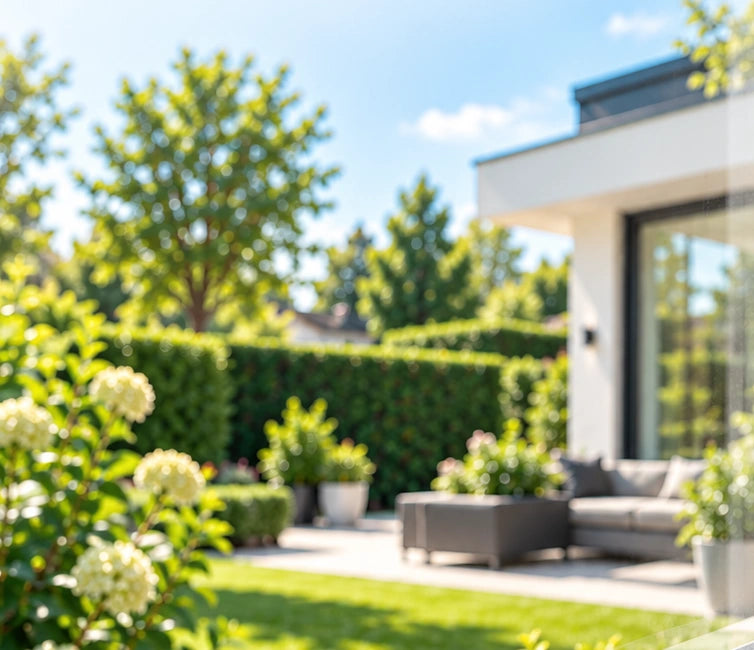 Heller Garten mit Terrasse vor einem Wohnhaus